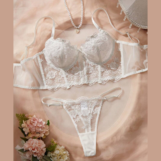 White Romantic Long Style Lingerie Bra & Panty Set