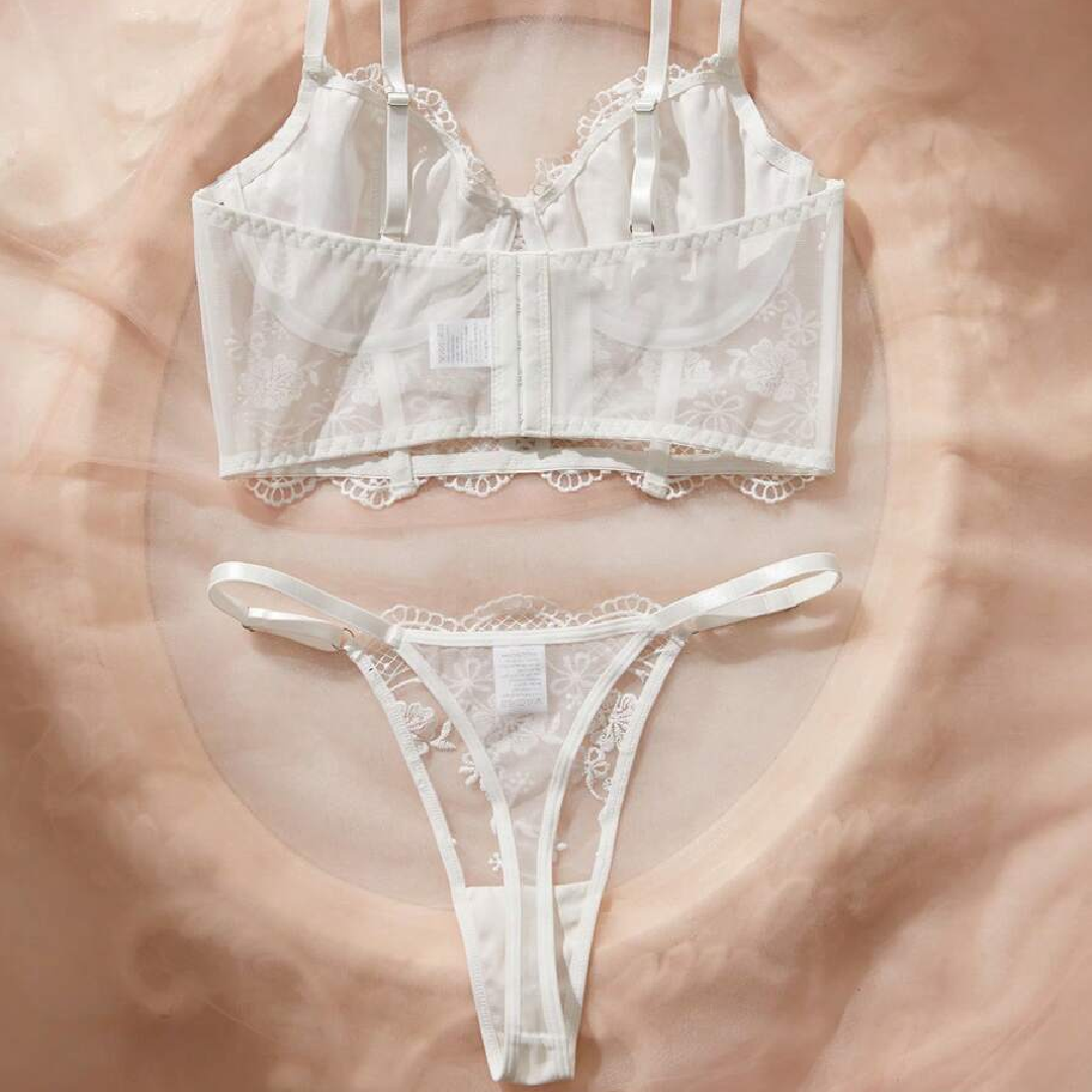 White Romantic Long Style Lingerie Bra & Panty Set