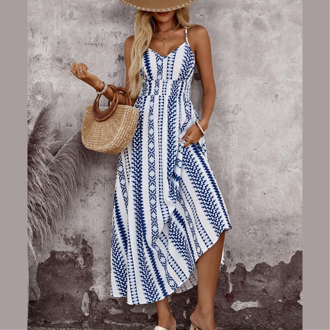Geometric Print Waist Tie Casual Slip Dress