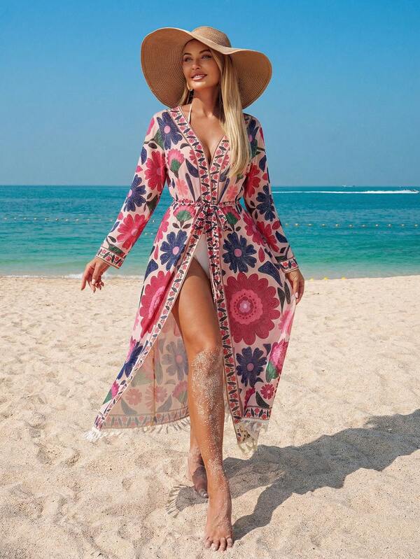 Women's Floral Print Kimono Cover Up Beachwear with Removable Belt