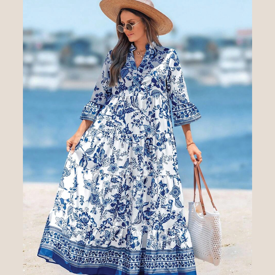 V-Neck Pleated Sleeve Dress