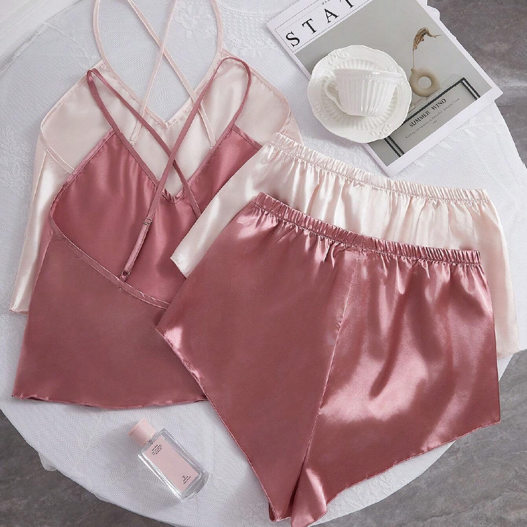 Solid Color Silk Camisole And Shorts Pajama Set