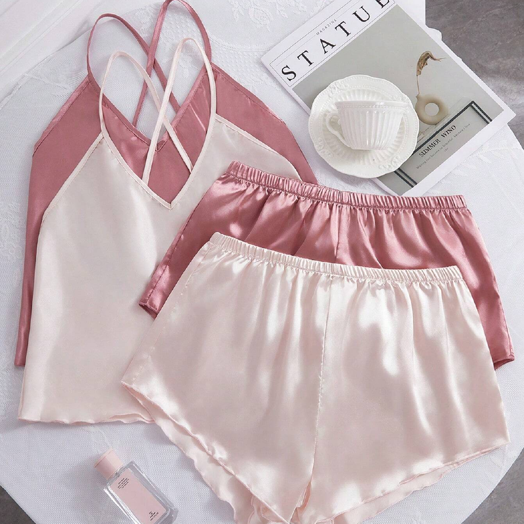 Solid Color Silk Camisole And Shorts Pajama Set