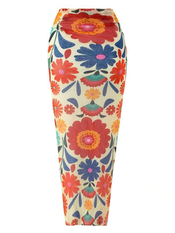 SHEIN Floral Print Twist Waist Cover-Up & Skirt Set