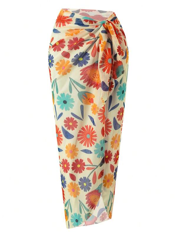 SHEIN Floral Print Twist Waist Cover-Up & Skirt Set