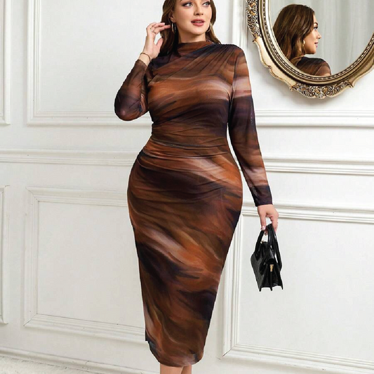 Mesh Knit Stand Collar Long Sleeve Fitted Dress