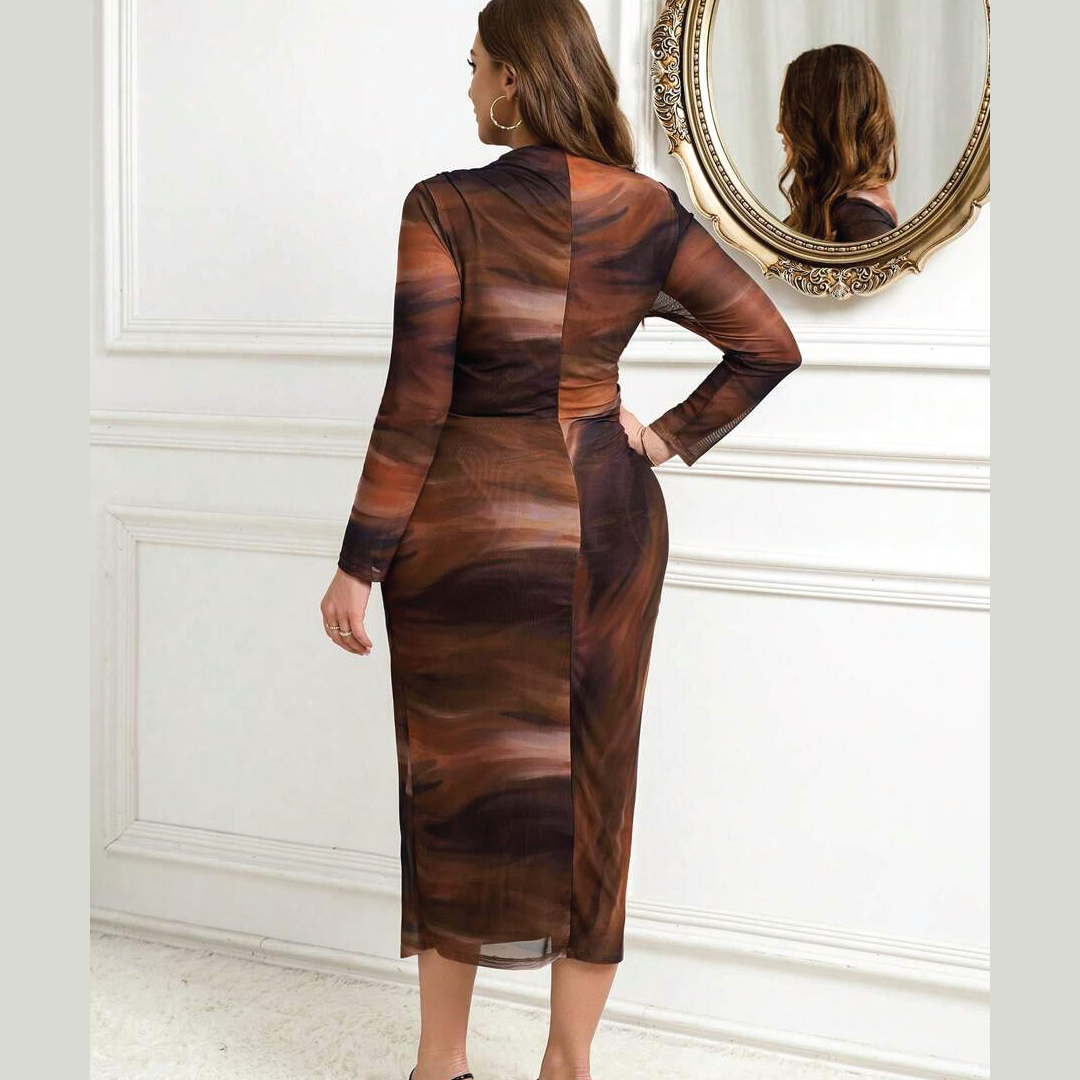 Mesh Knit Stand Collar Long Sleeve Fitted Dress