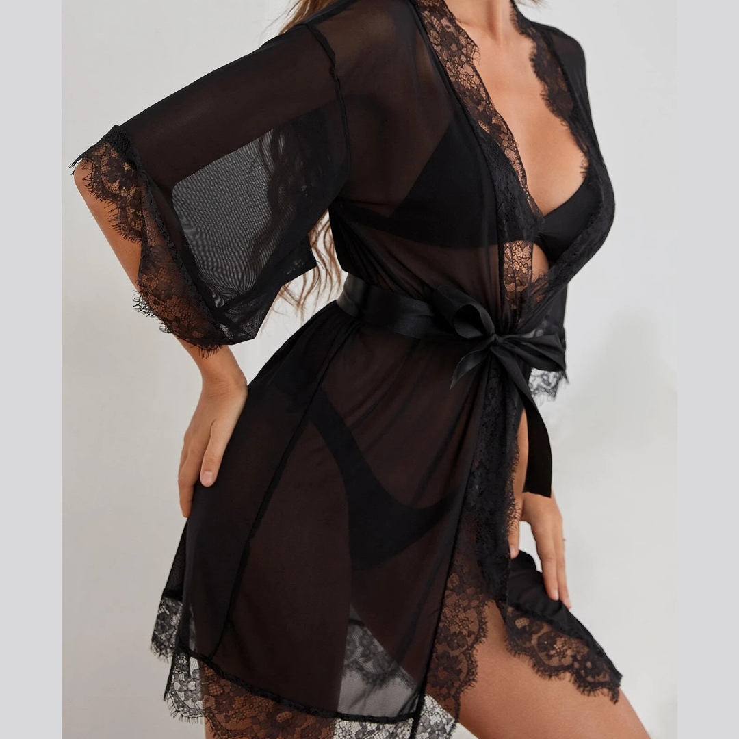 Eyelash Lace Trim Sheer Mesh Night Robe