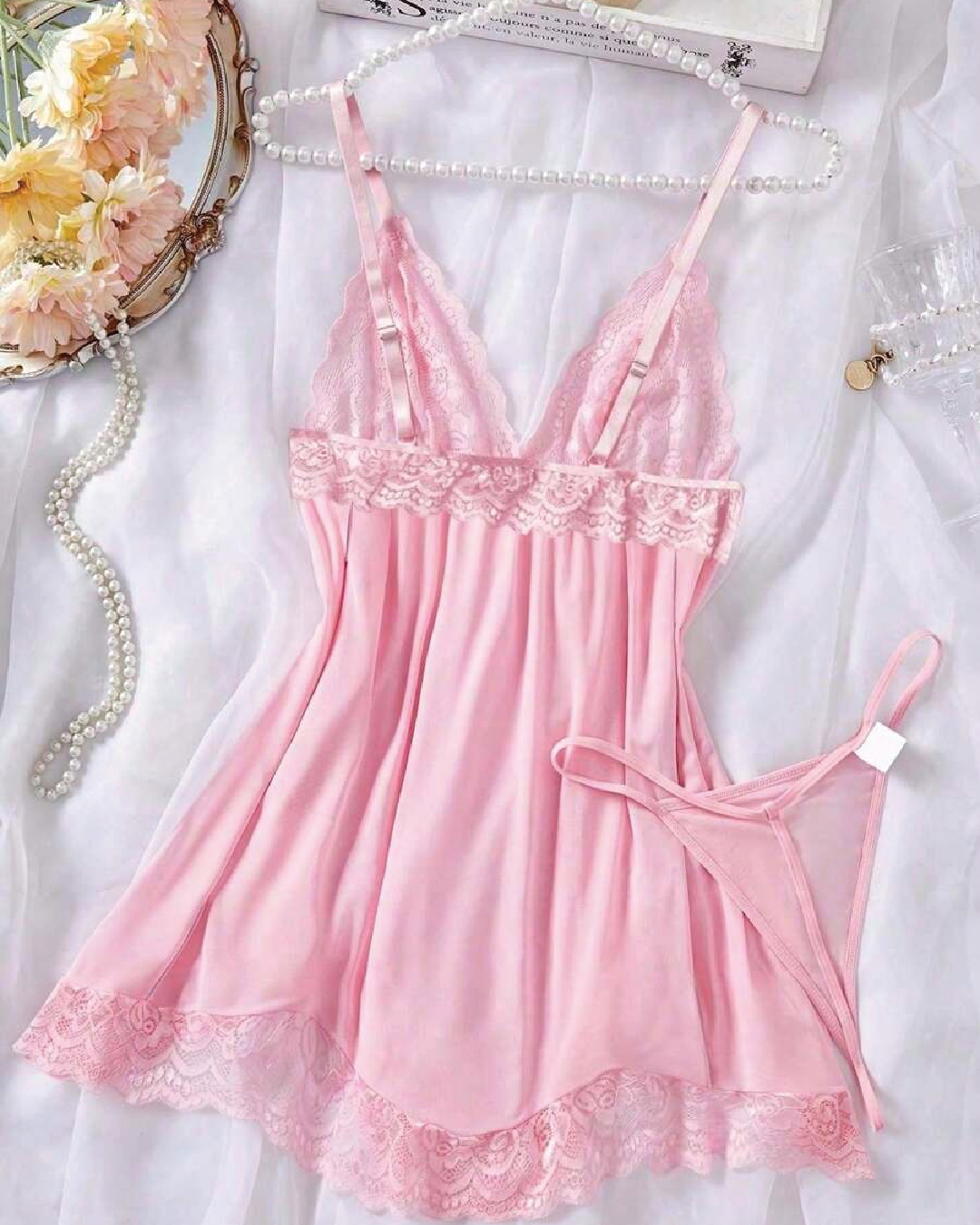 V-Neck Backless  Camisole Night Dress And Thong