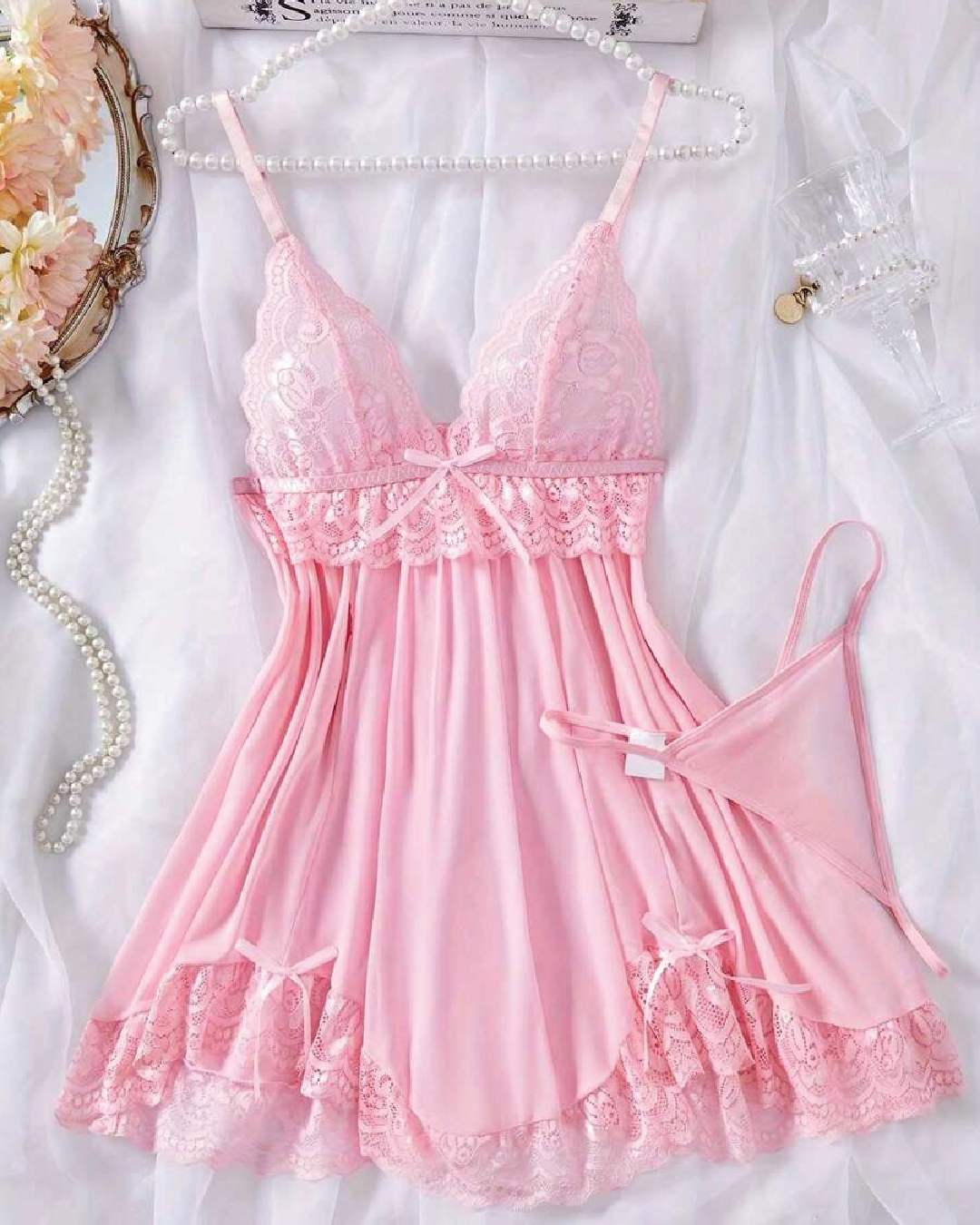 V-Neck Backless  Camisole Night Dress And Thong