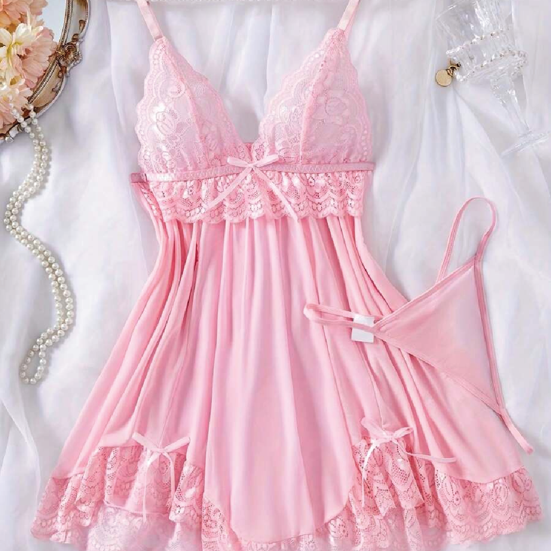 V-Neck Backless  Camisole Night Dress And Thong