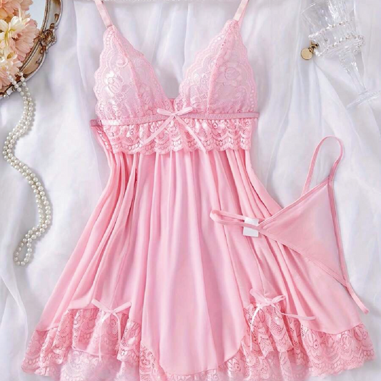 V-Neck Backless  Camisole Night Dress And Thong