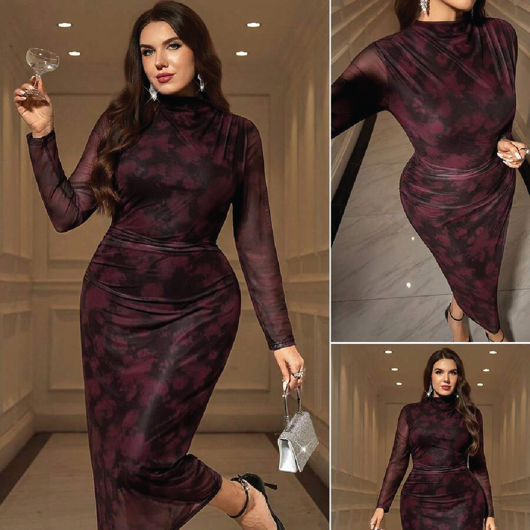 Plus-Size Mesh Printed Long-Sleeved Slim-Fit Wrap Dress
