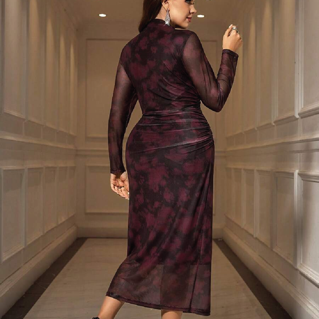 Plus-Size Mesh Printed Long-Sleeved Slim-Fit Wrap Dress