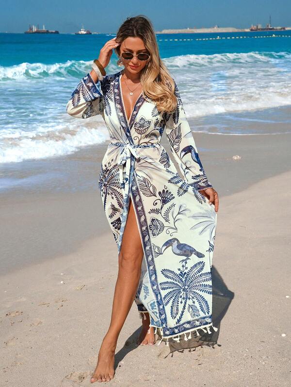 Women's Long Mesh Printed Casual Beachwear