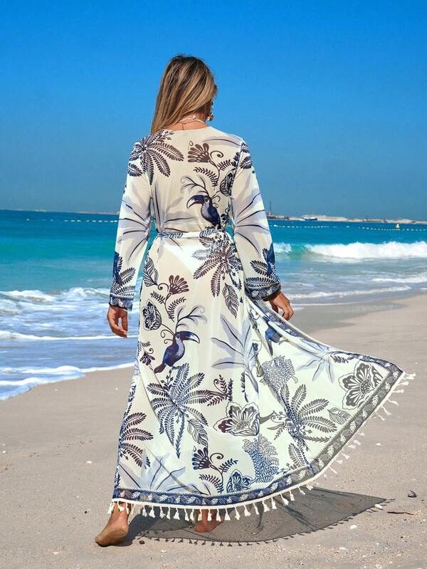 Women's Long Mesh Printed Casual Beachwear