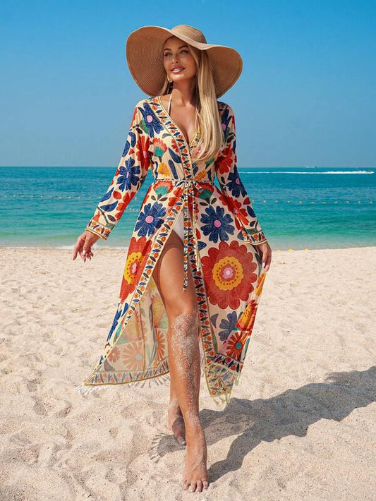 Women's Floral Print Kimono Cover Up Beachwear with Removable Belt