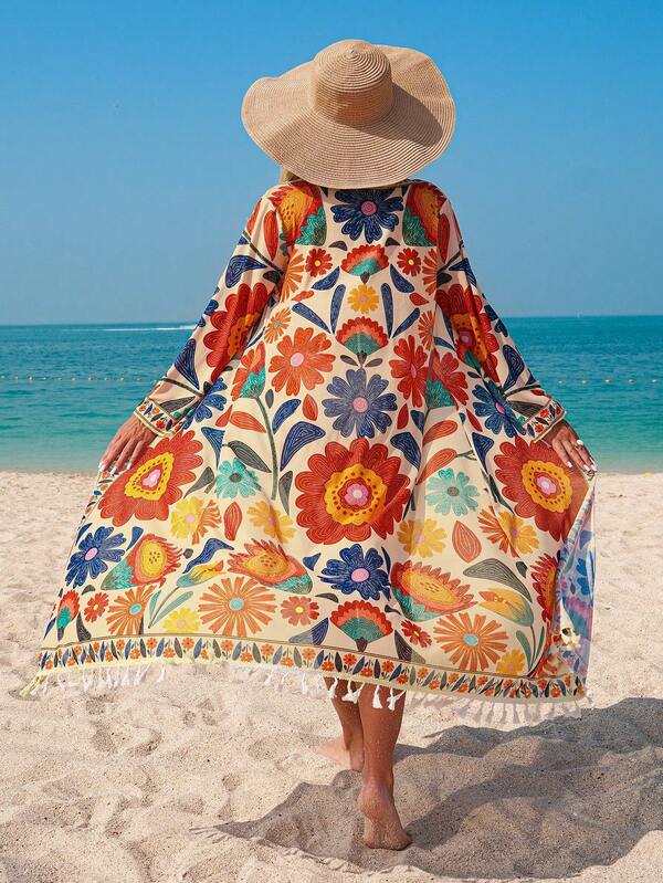Women's Floral Print Kimono Cover Up Beachwear with Removable Belt