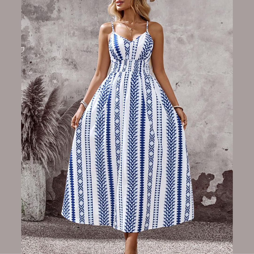 Geometric Print Waist Tie Casual Slip Dress