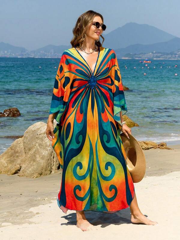 Plus Size Boho Kaftan Maxi Beach Cover Up Dress